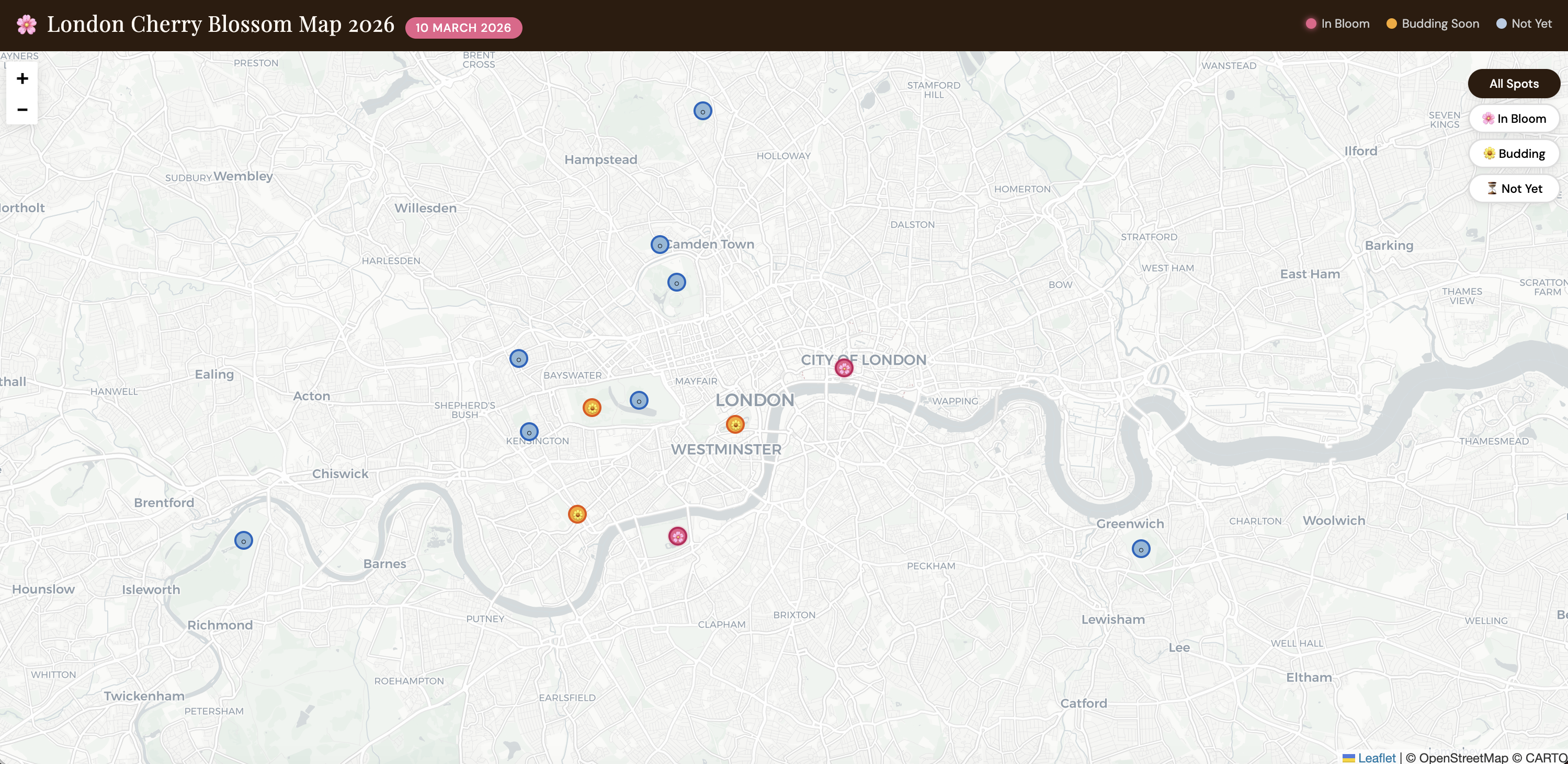 Interactive map showing cherry blossom bloom locations and timing across London parks